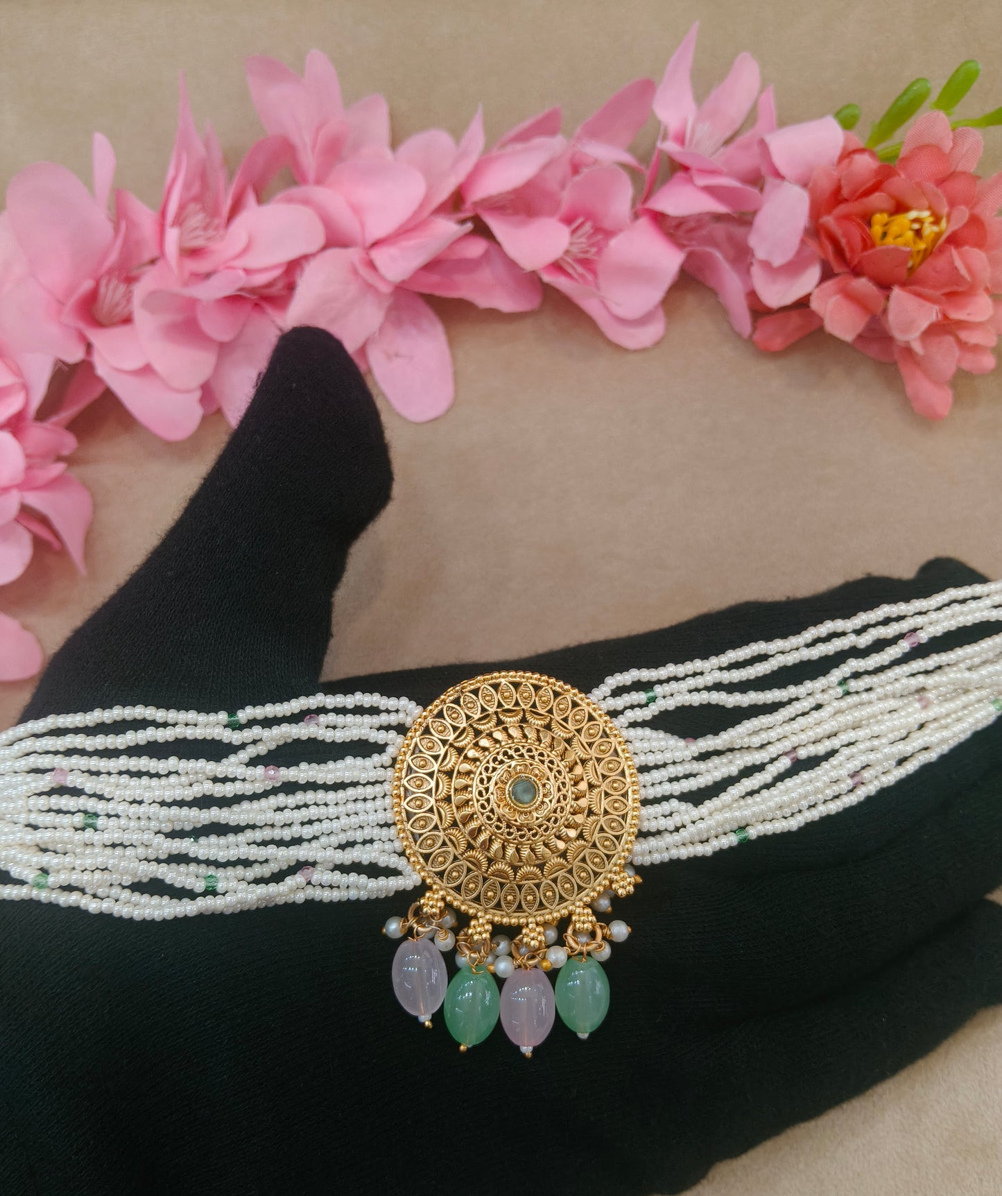 Gold Polki Mint Pink Choker Able Jewellery Polki Set
