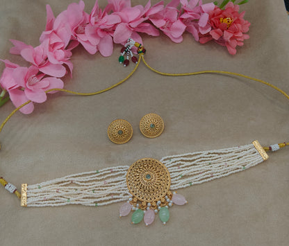 Gold Polki Mint Pink Choker Able Jewellery Polki Set
