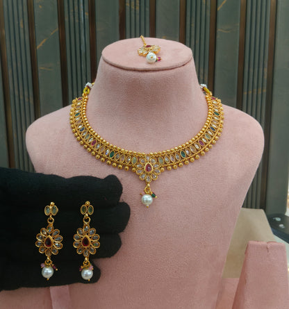 Gold Polki Ruby Green Necklace Jewellery Roma Set