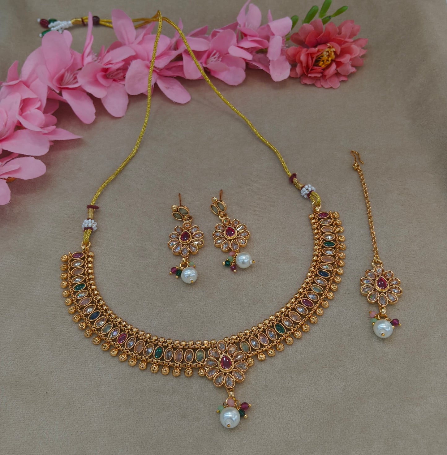 Gold Polki Ruby Green Necklace Jewellery Roma Set