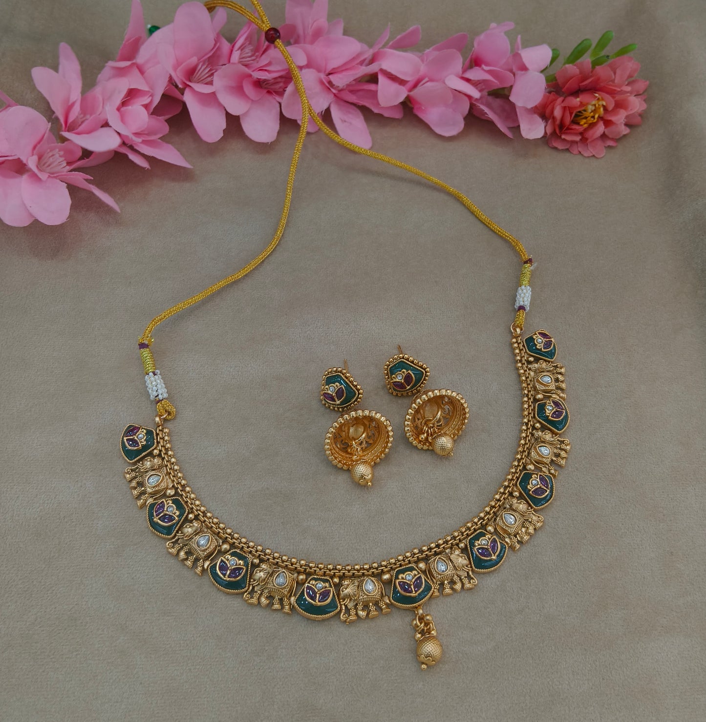 Gold Polki Ruby Sage Green Necklace Jewellery Roma Set