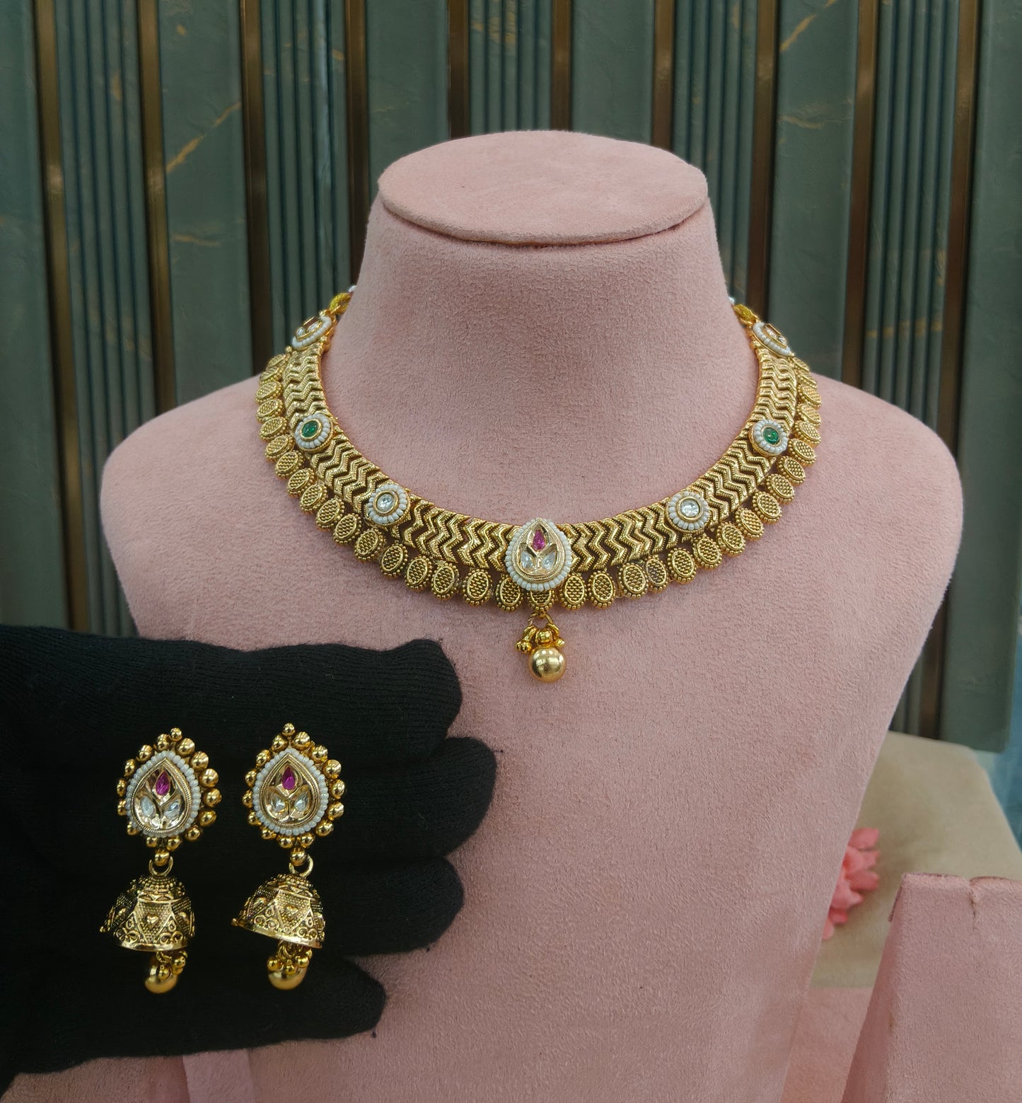 Gold Polki Ruby Green Necklace Jewellery Roma Set