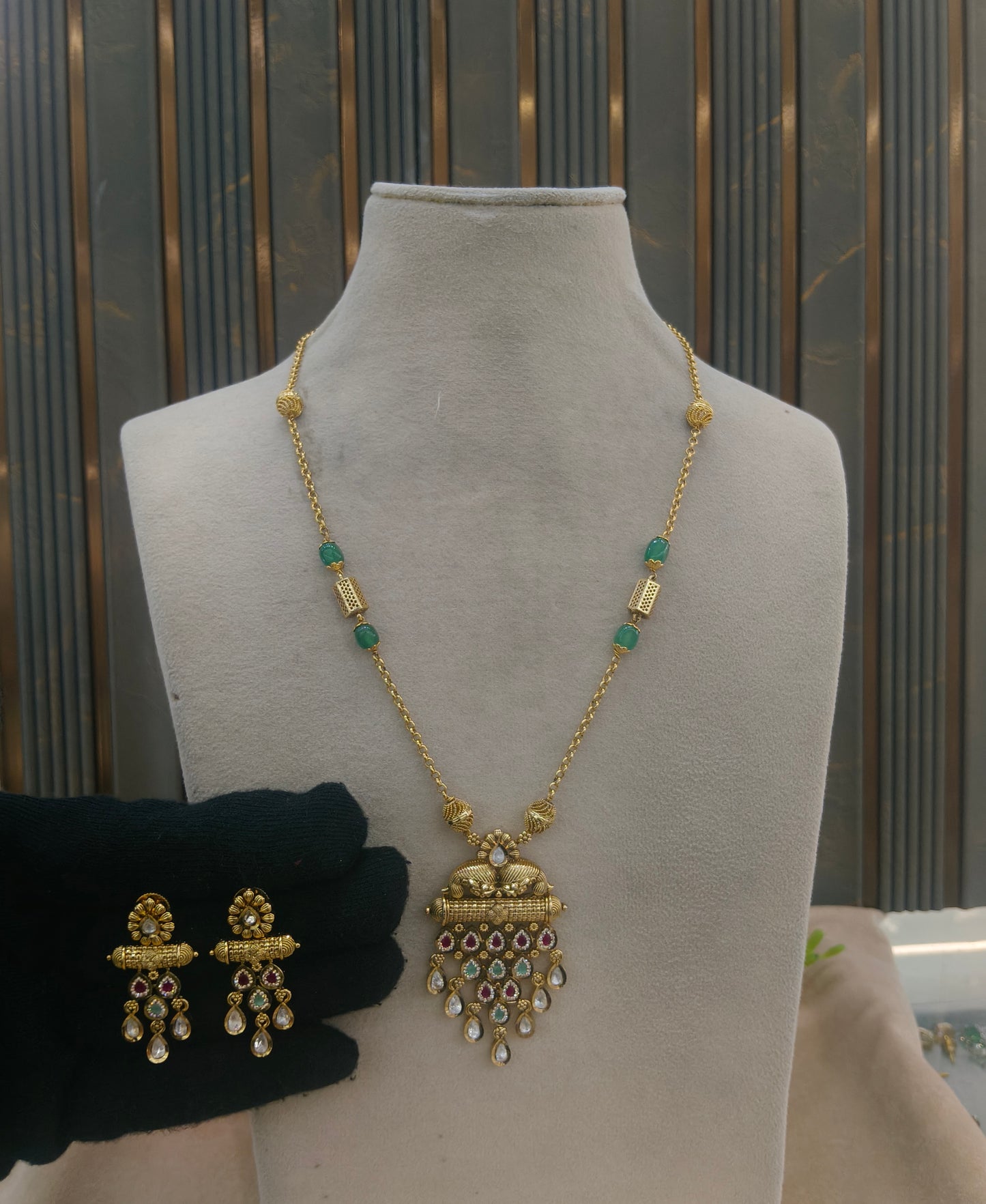 Antique Gold Ruby Sage Green Long Necklace Jewellery Rutvi Set
