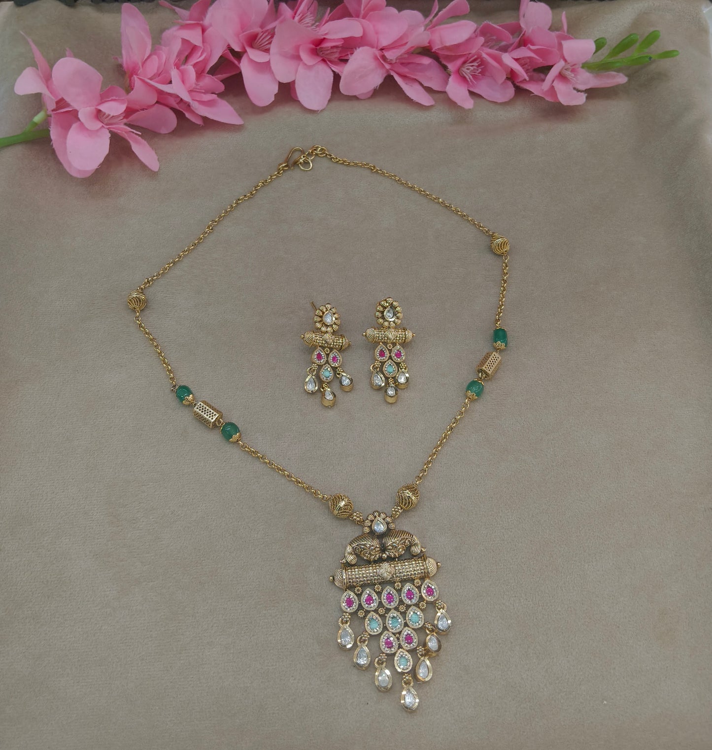 Antique Gold Ruby Sage Green Long Necklace Jewellery Rutvi Set