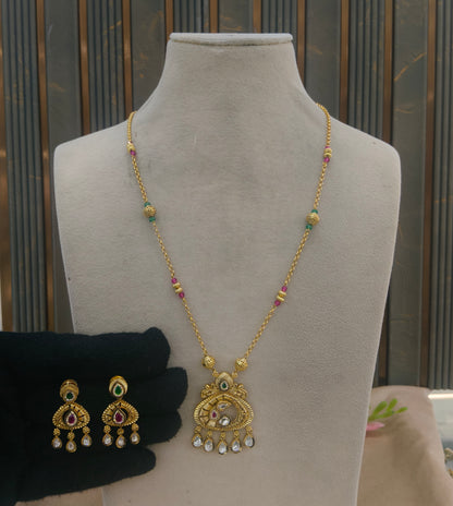 Antique Gold Ruby Green Long Necklace Jewellery Rutvi Set