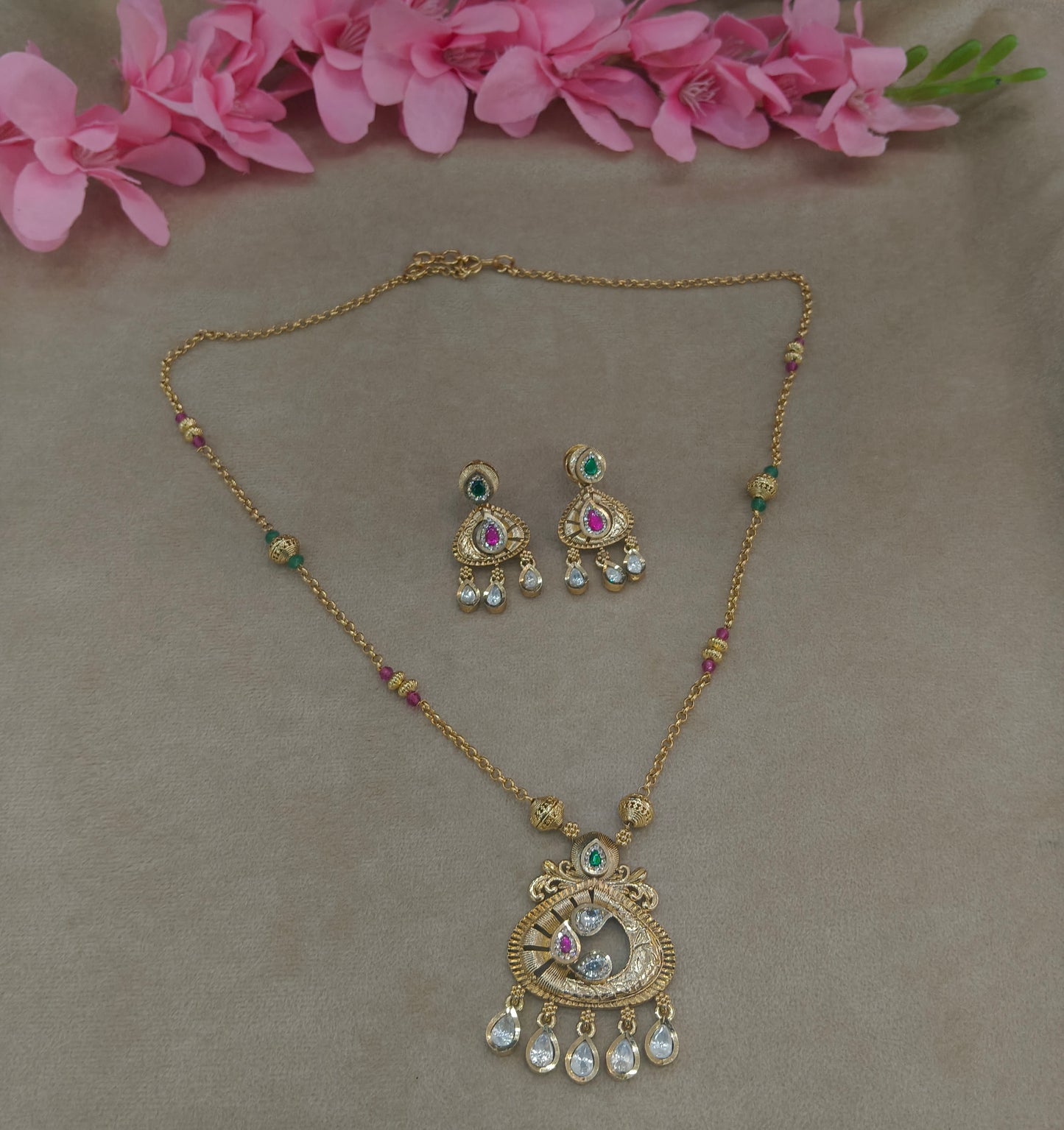 Antique Gold Ruby Green Long Necklace Jewellery Rutvi Set