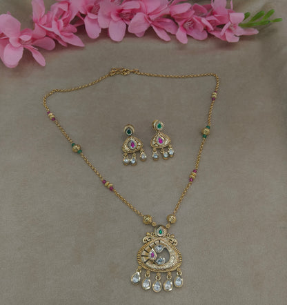 Antique Gold Ruby Green Long Necklace Jewellery Rutvi Set