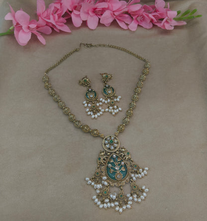 Antique Gold Sage Green Long Necklace Jewellery Rutvi Set