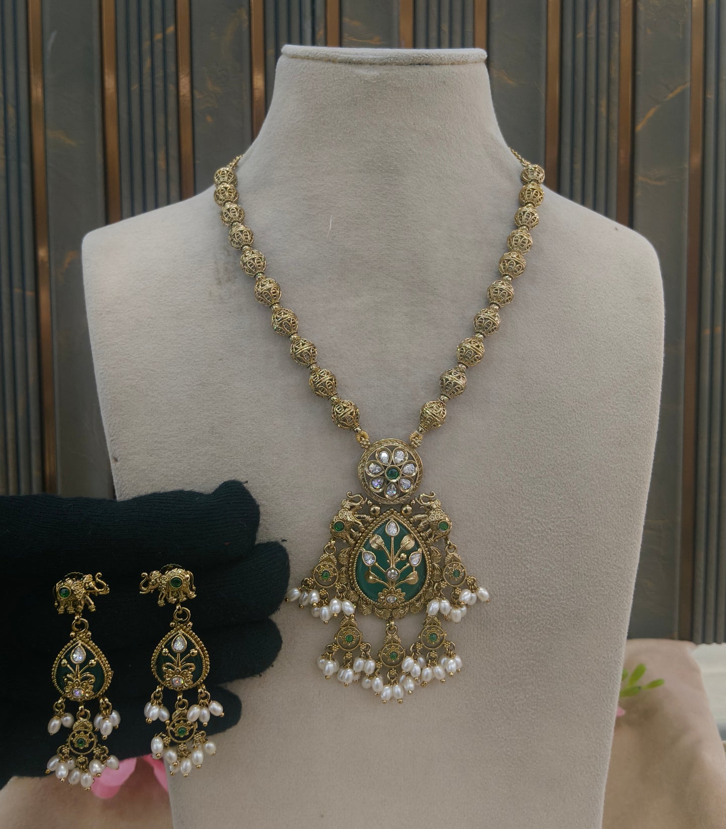 Antique Gold Sage Green Long Necklace Jewellery Rutvi Set