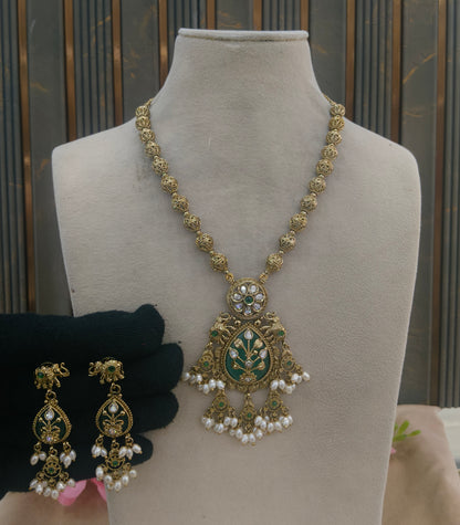 Antique Gold Sage Green Long Necklace Jewellery Rutvi Set