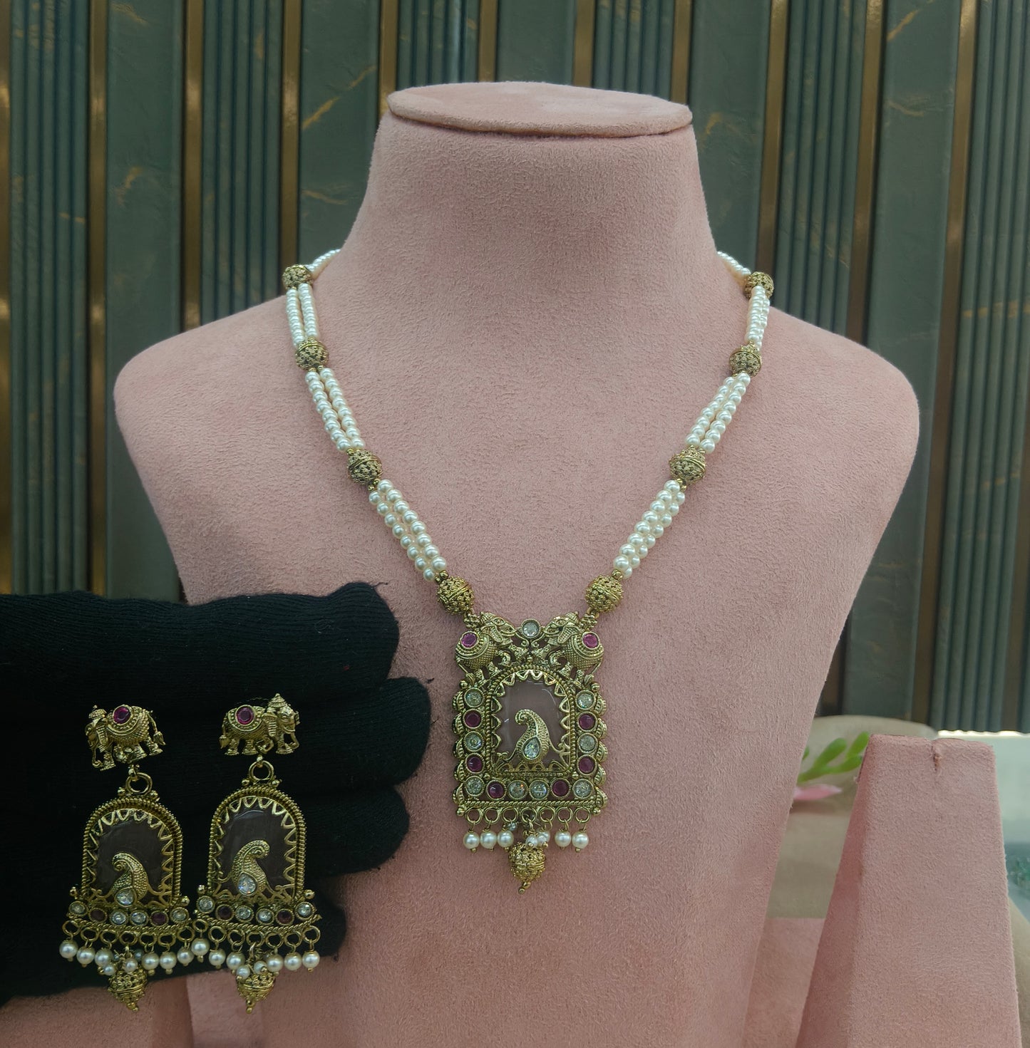 Antique Gold Ruby Long Necklace Jewellery Rutvi Set