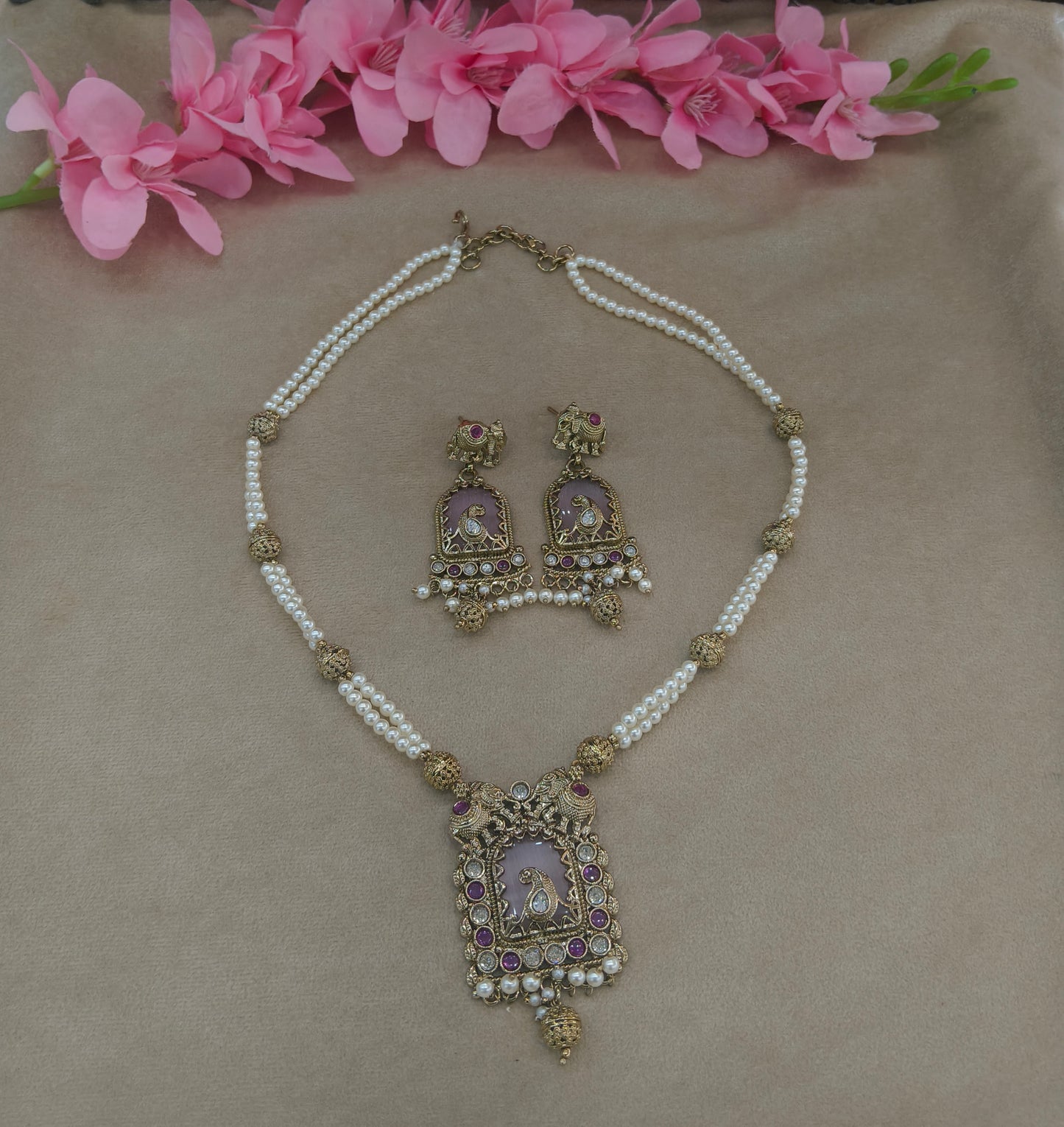 Antique Gold Ruby Long Necklace Jewellery Rutvi Set