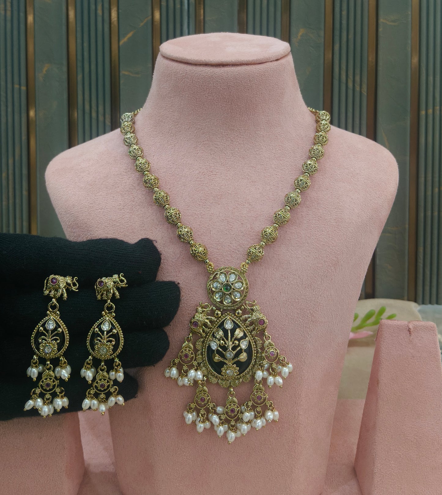 Antique Gold Ruby Green Long Necklace Jewellery Rutvi Set