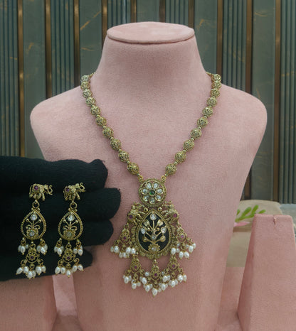 Antique Gold Ruby Green Long Necklace Jewellery Rutvi Set
