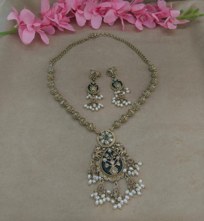 Antique Gold Ruby Green Long Necklace Jewellery Rutvi Set