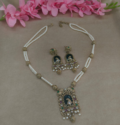 Antique Gold Ruby Green Long Necklace Jewellery Rutvi Set