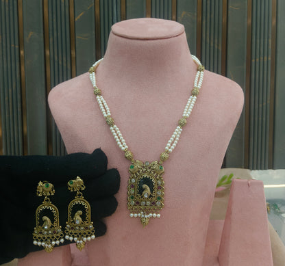 Antique Gold Ruby Green Long Necklace Jewellery Rutvi Set