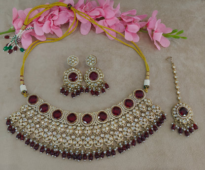 Gold Uncut Maroon Kundan Necklace Jewellery Param Set