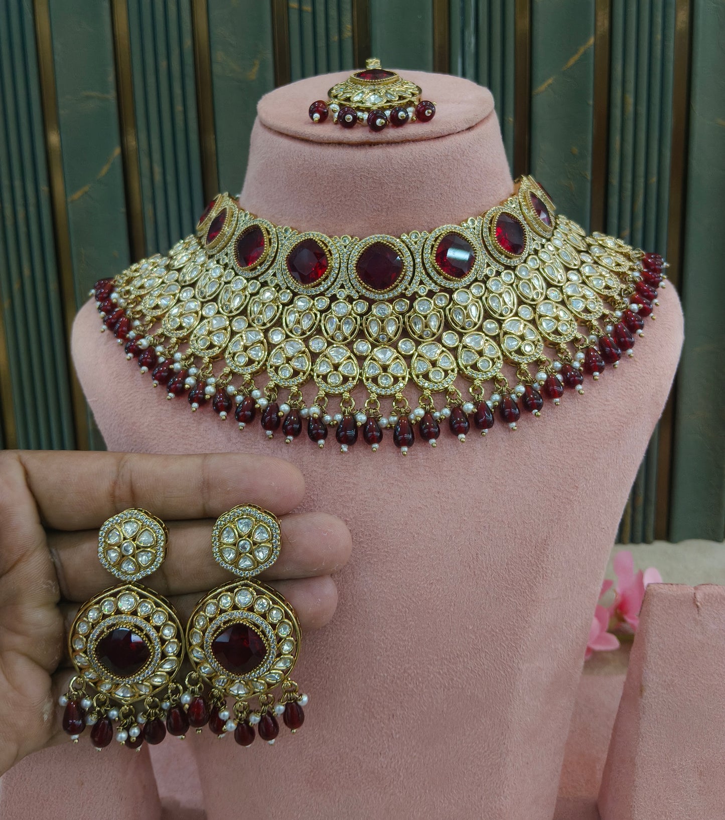 Gold Uncut Maroon Kundan Necklace Jewellery Param Set