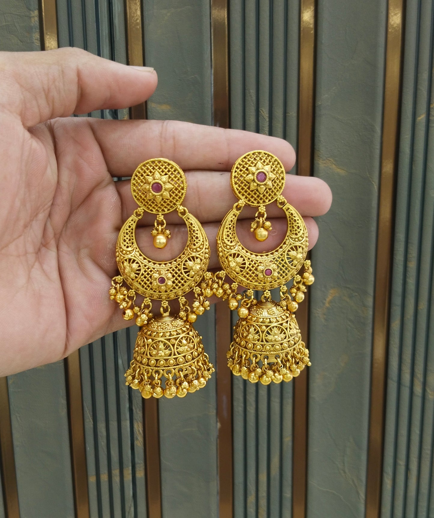 Gold Polki Ruby Jhumi Bollywood Dilnoor Earrings