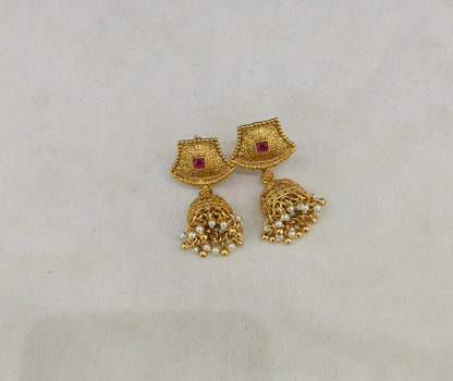 Gold Polki Ruby Jhumi Bollywood Dilnoor Earrings