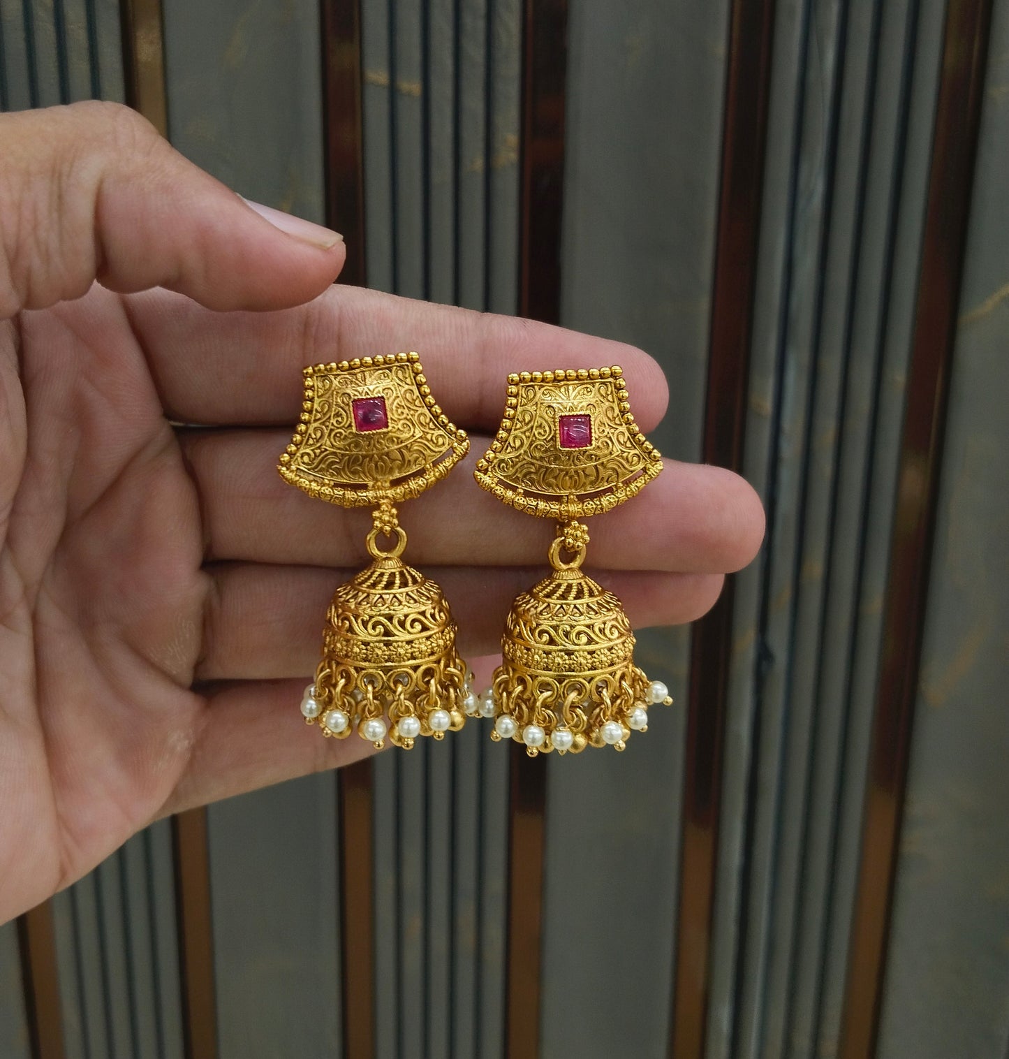 Gold Polki Ruby Jhumi Bollywood Dilnoor Earrings
