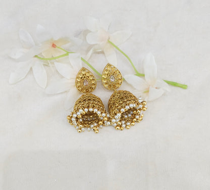 Gold White Polki Jhumi Bollywood Dilnoor Earrings