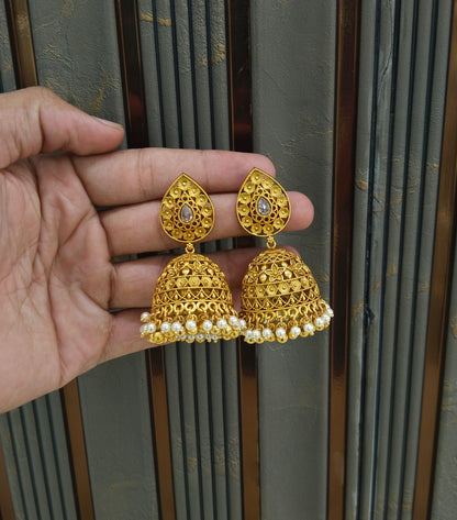 Gold White Polki Jhumi Bollywood Dilnoor Earrings