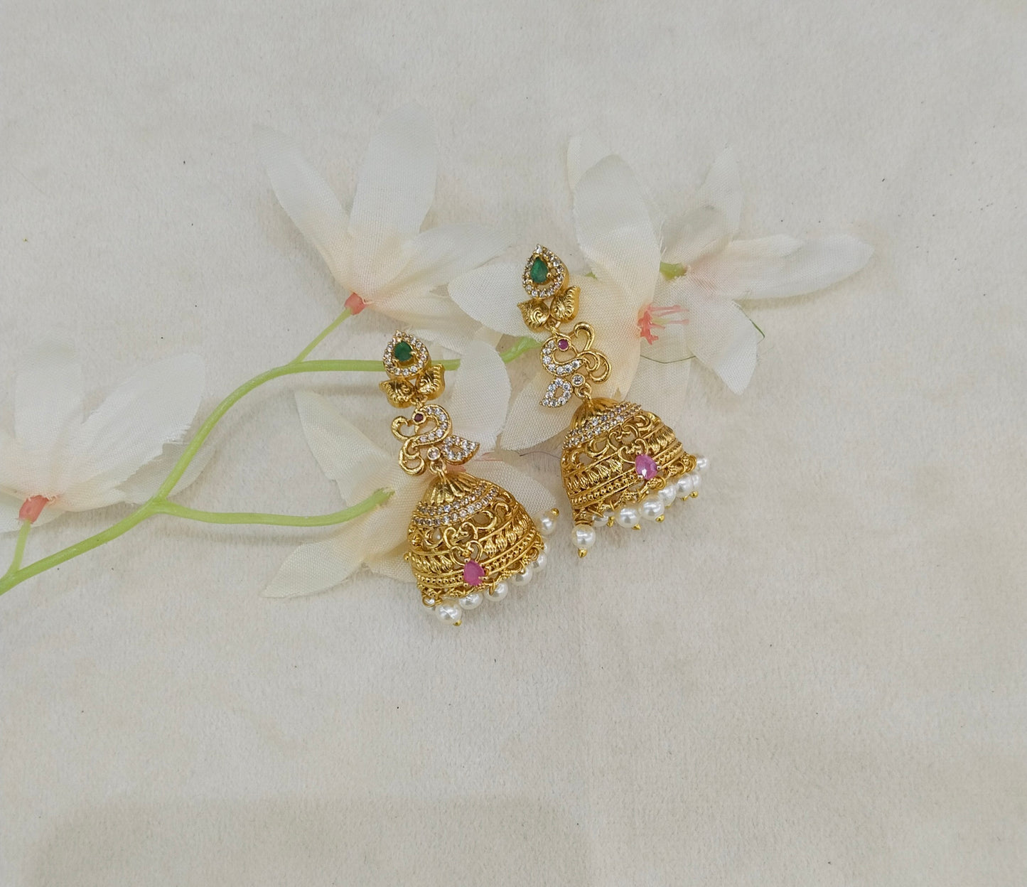Gold Ruby Green Jhumki Bollywood Navneet Earrings