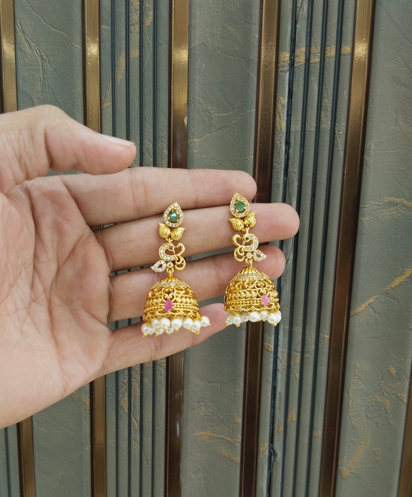 Gold Ruby Green Jhumki Bollywood Navneet Earrings