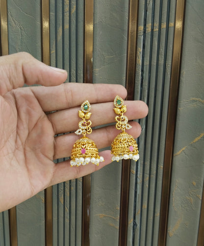 Gold Ruby Green Jhumki Bollywood Navneet Earrings