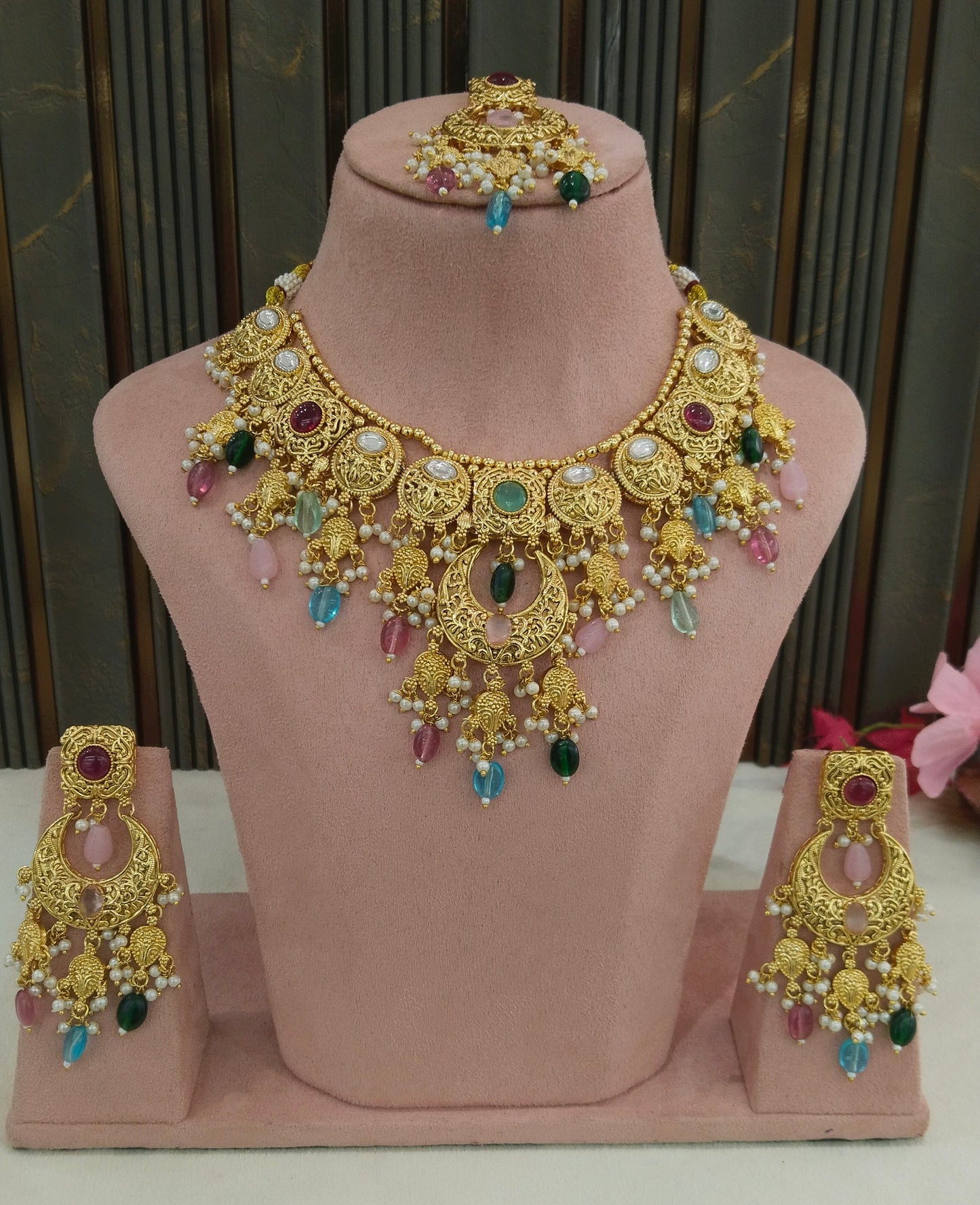 Gold Polki Multi Color Necklace Jewellery Jain Set