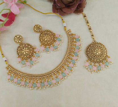 Mint Pink Gold Polki Punjabi Nacklace Birpal set