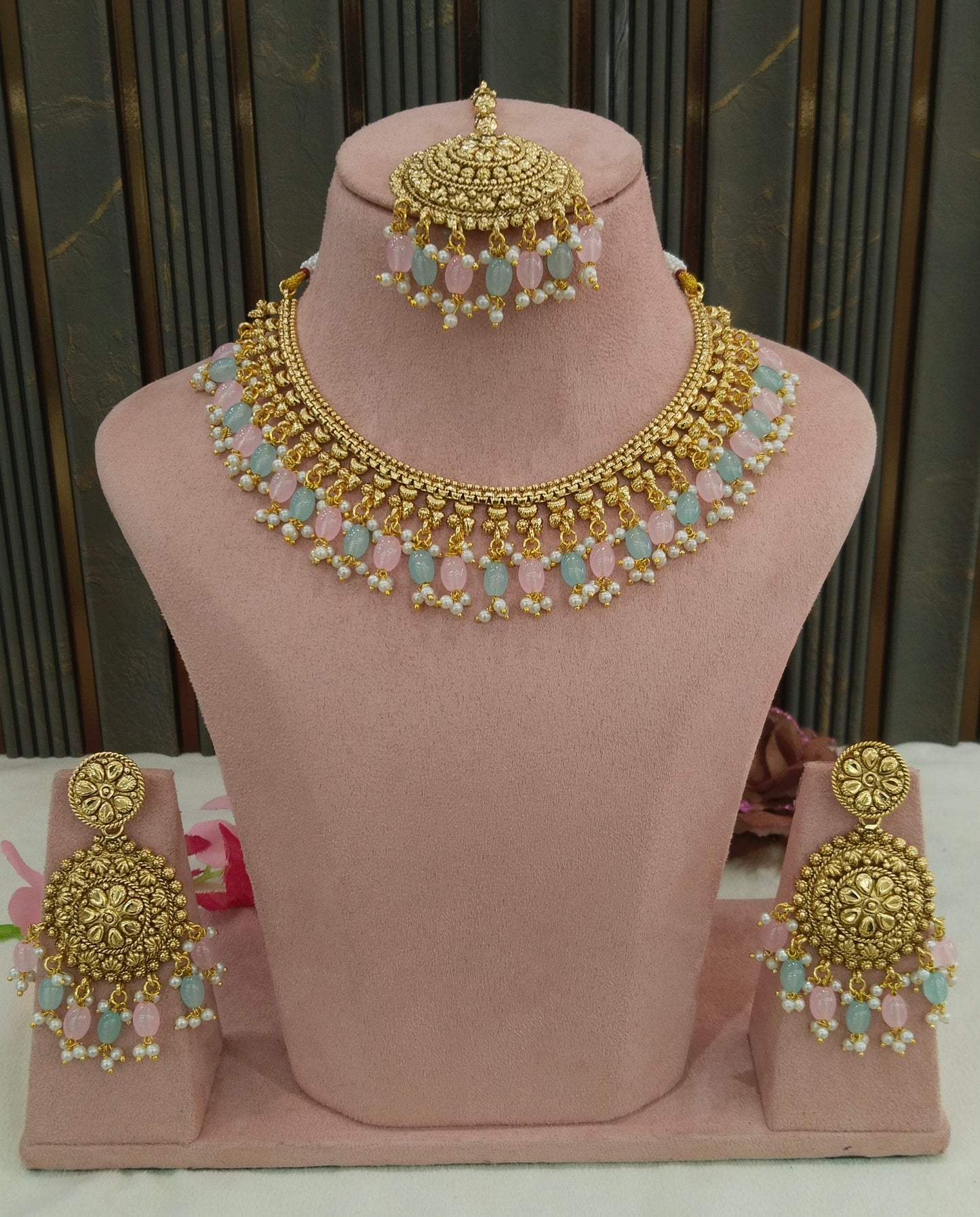 Mint Pink Gold Polki Punjabi Nacklace Birpal set