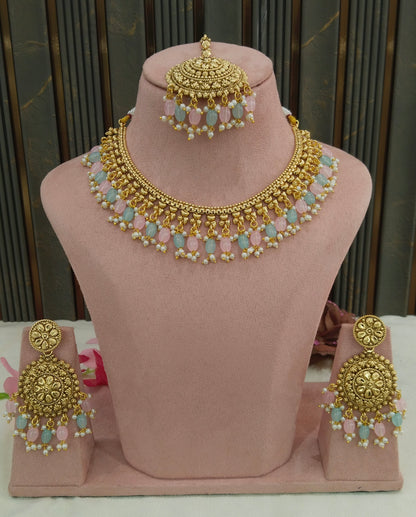 Mint Pink Gold Polki Punjabi Nacklace Birpal set