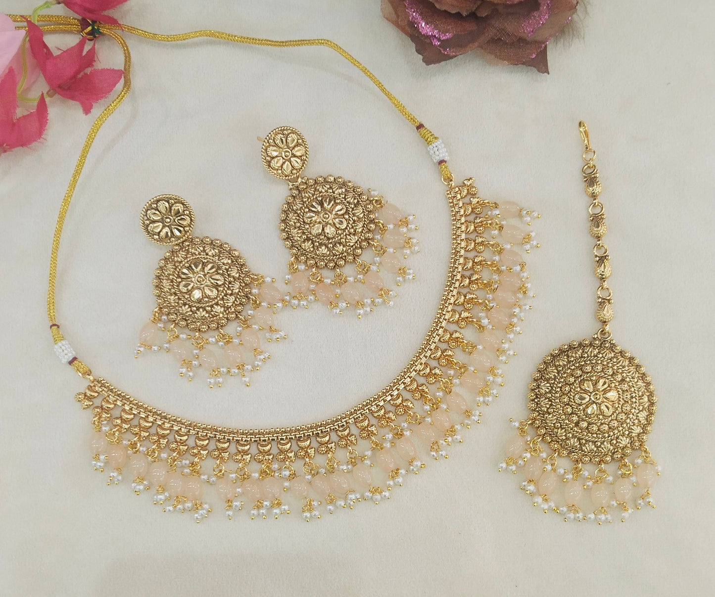 Peach Gold Polki Punjabi Nacklace Birpal set