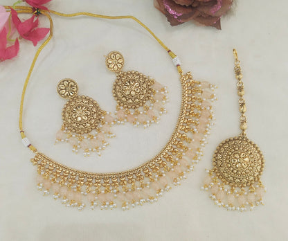 Peach Gold Polki Punjabi Nacklace Birpal set