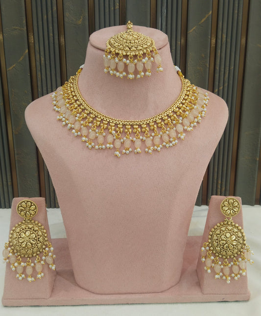 Peach Gold Polki Punjabi Nacklace Birpal set