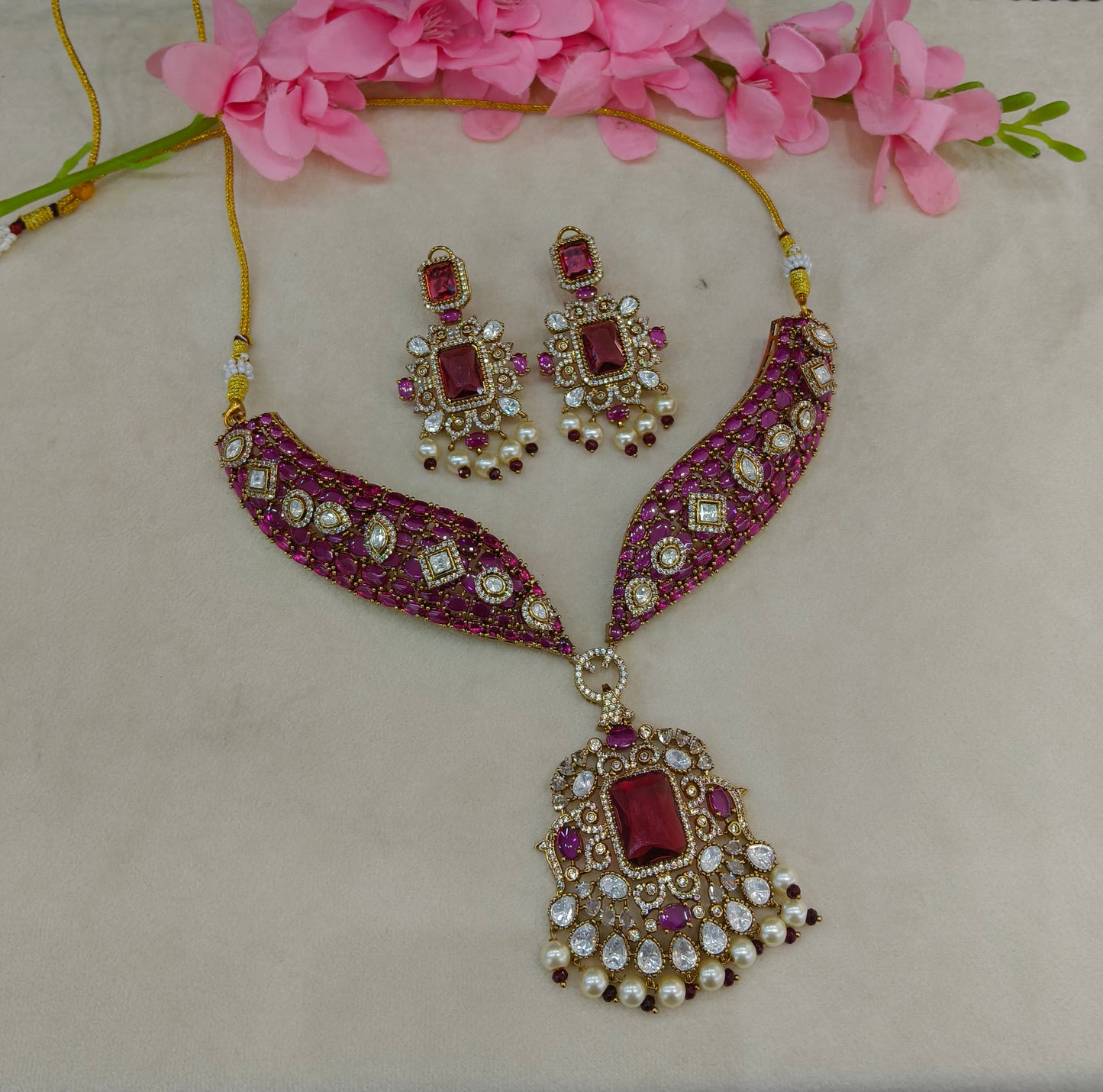 Antique Gold Ruby Moissanite Kundan Cz Necklace Jewellery Pvita Set