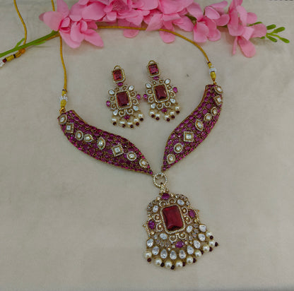 Antique Gold Ruby Moissanite Kundan Cz Necklace Jewellery Pvita Set