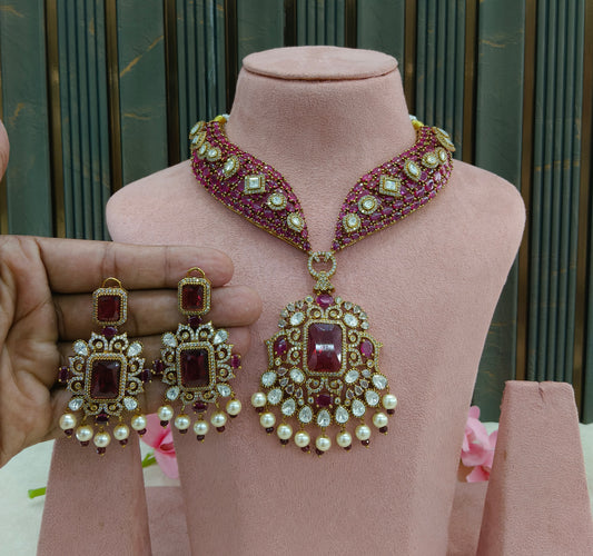 Antique Gold Ruby Moissanite Kundan Cz Necklace Jewellery Pvita Set