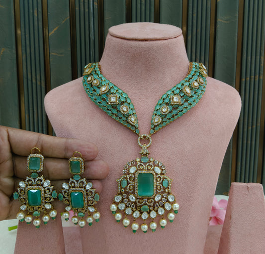 Antique Gold Mint Moissanite Kundan Cz Necklace Jewellery PvitaSet