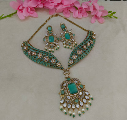 Antique Gold Mint Moissanite Kundan Cz Necklace Jewellery PvitaSet