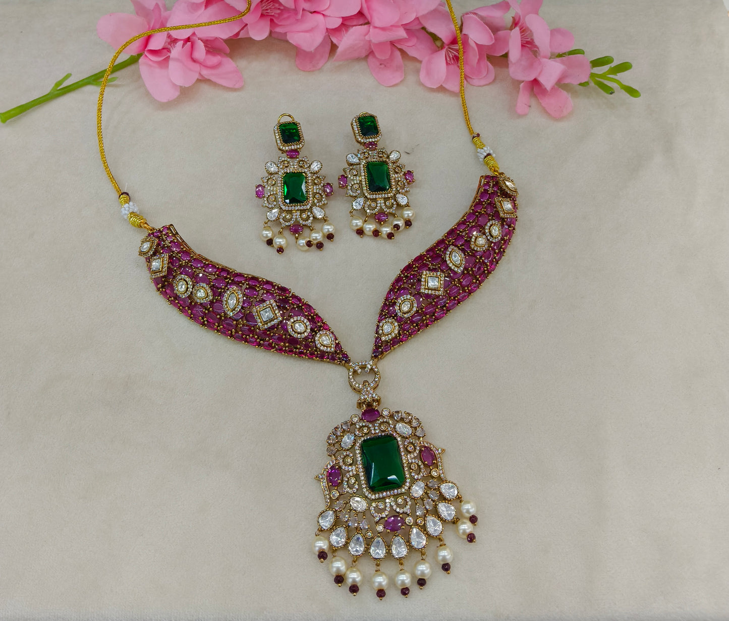 Antique Gold Ruby Green Moissanite Kundan Cz Necklace Jewellery Pvita Set