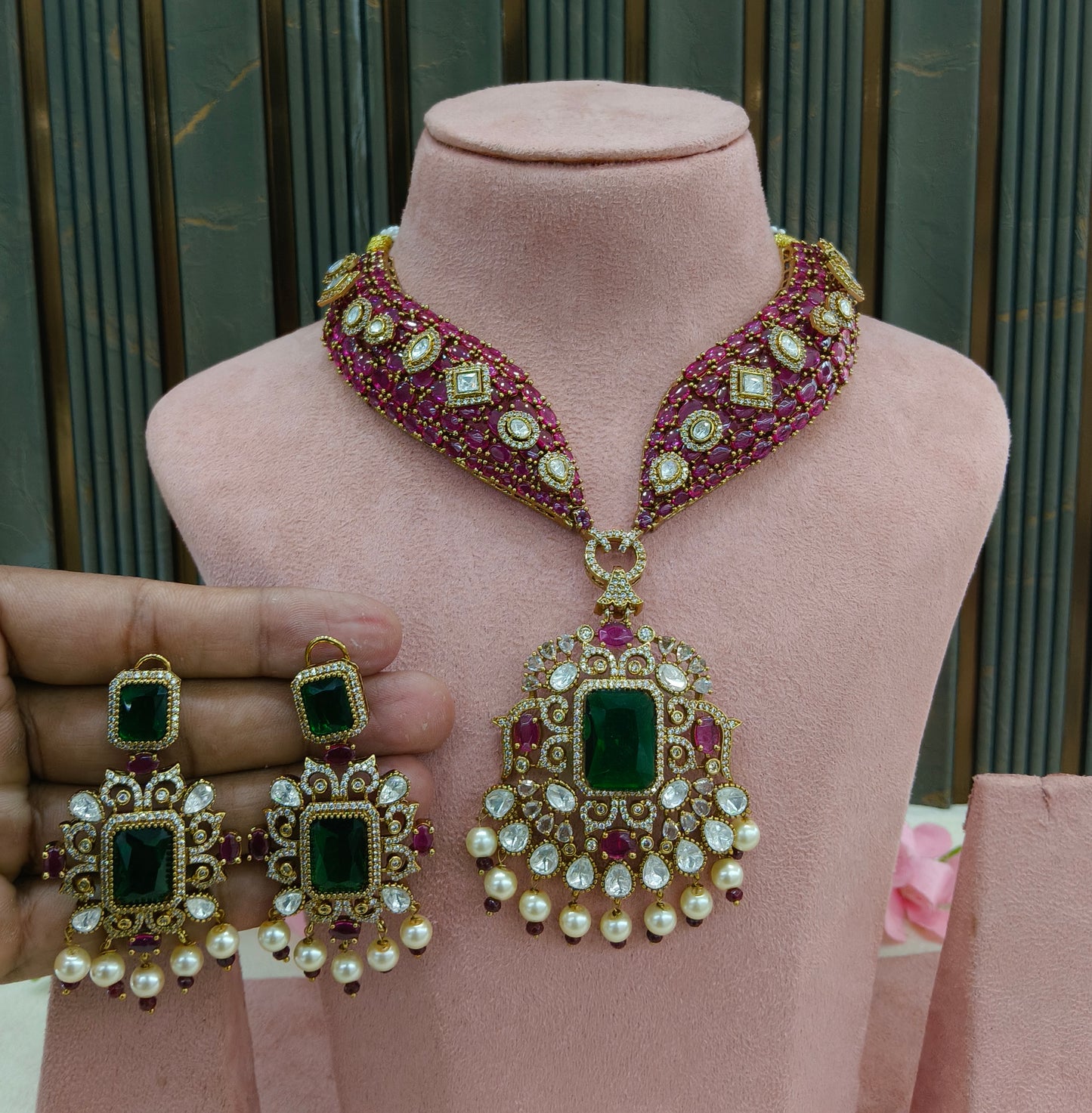 Antique Gold Ruby Green Moissanite Kundan Cz Necklace Jewellery Pvita Set