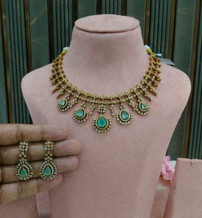 Antique Gold Mint  Cz Necklace Jewellery Pvita Set