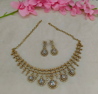 Antique Gold White  Cz Necklace Jewellery Pvita Set
