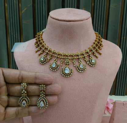 Antique Gold White  Cz Necklace Jewellery Pvita Set