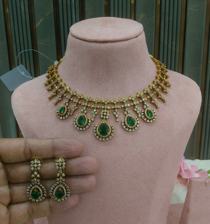 Antique Gold Green  Cz Necklace Jewellery Pvita Set