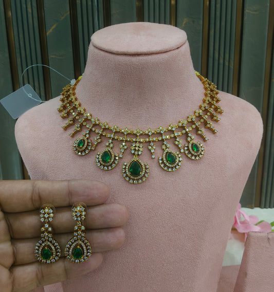 Antique Gold Green  Cz Necklace Jewellery Pvita Set